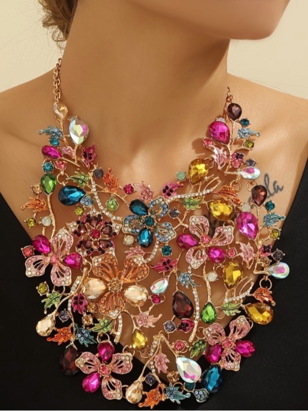 New Natasha Multicolor Floral Statement Necklace - Bold Crystal Bib Necklace